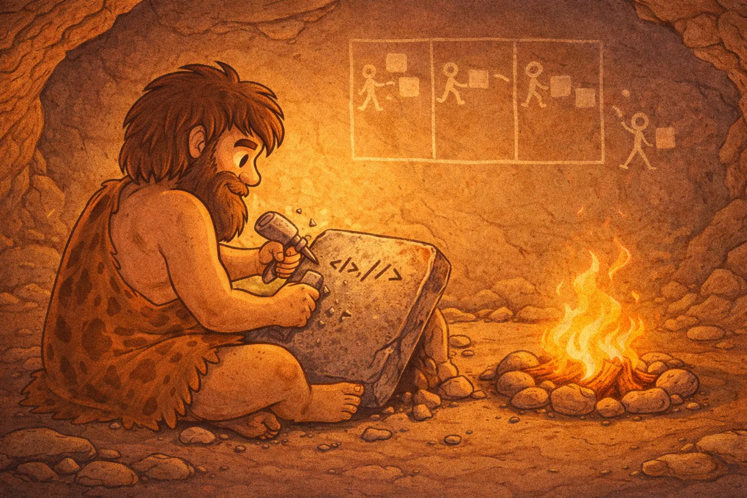 A caveman chiseling code onto a stone tablet, with a primitive kanban board drawn on the cave wall behind him