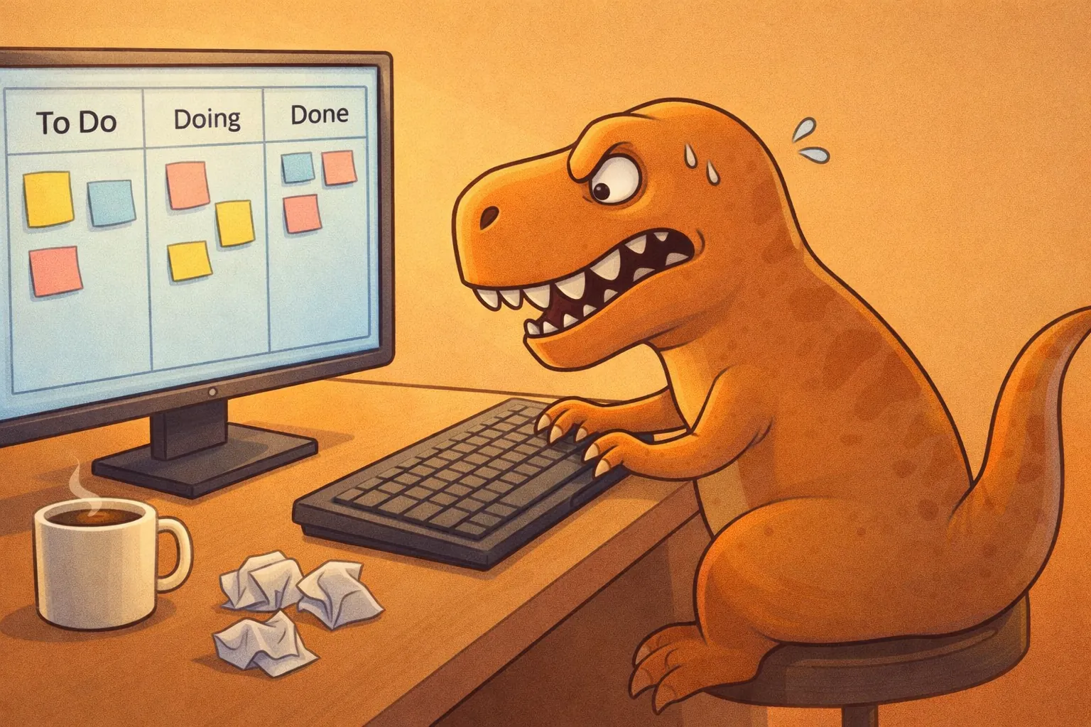 A cartoon dinosaur nervously working at a computer with a To Do / Doing / Done kanban board on screen