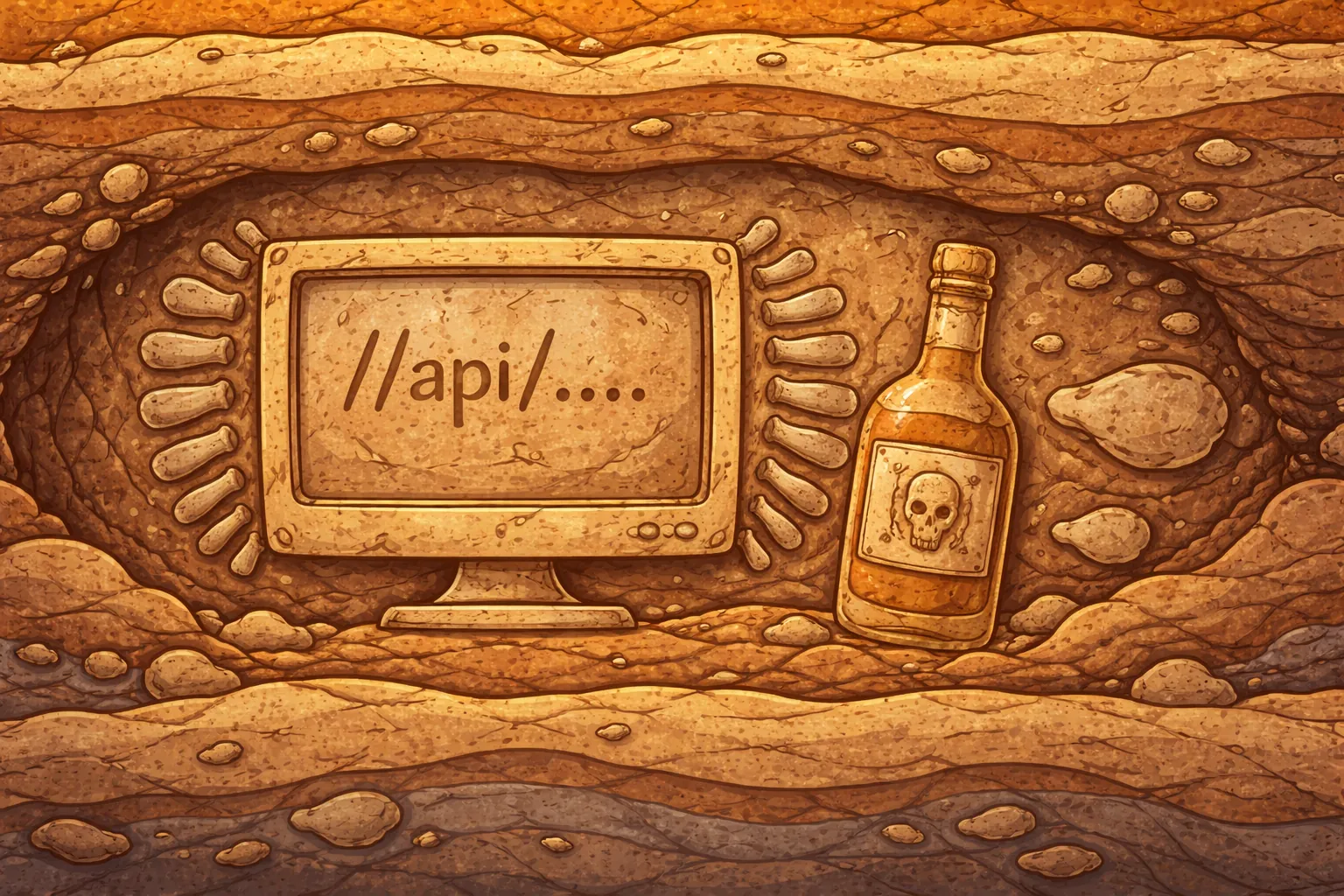 A fossilized computer monitor buried underground showing //api/ on screen, alongside a bottle with a skull label, an artifact of the original Rally API