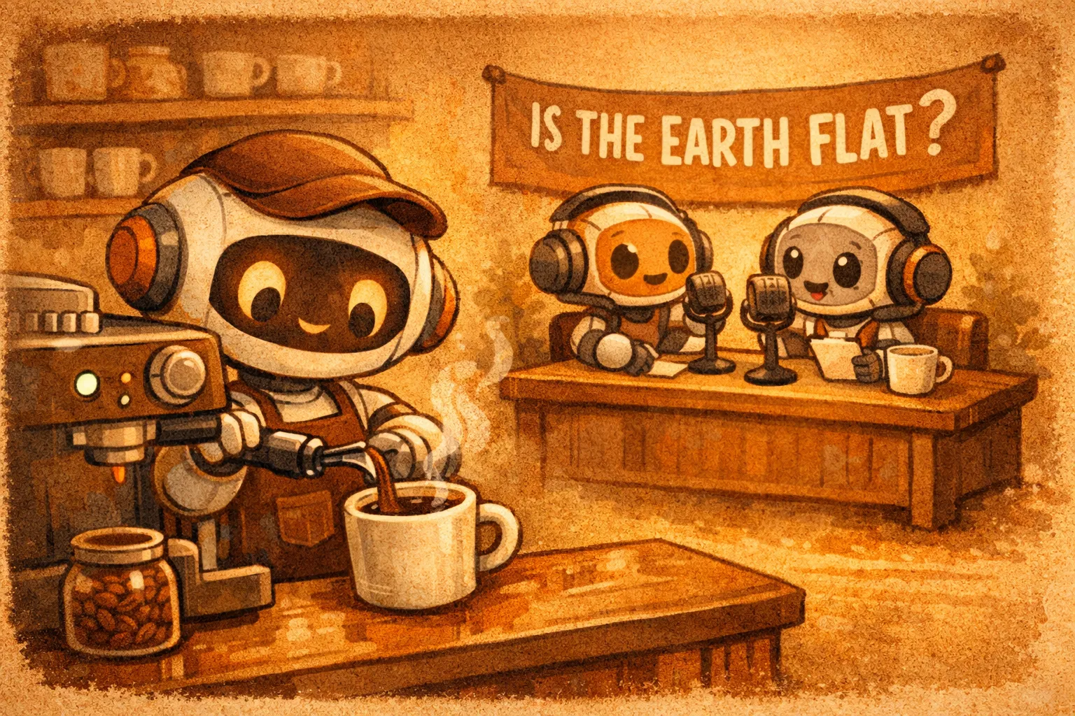A cute robot barista pouring coffee while two robot podcasters debate whether the earth is flat in the background