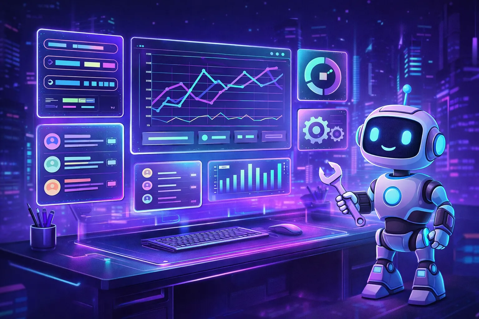 A friendly robot holding a wrench beside a futuristic glowing analytics dashboard