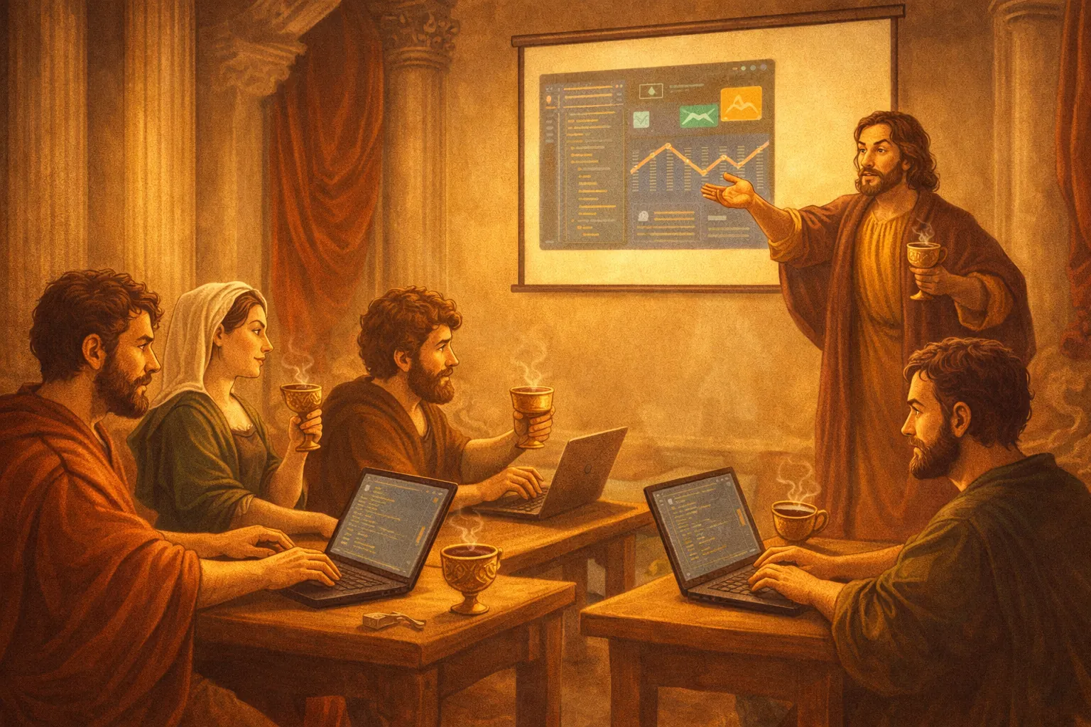 A Renaissance-era gathering of scholars presenting an agile dashboard, blending ancient aesthetics with modern project management