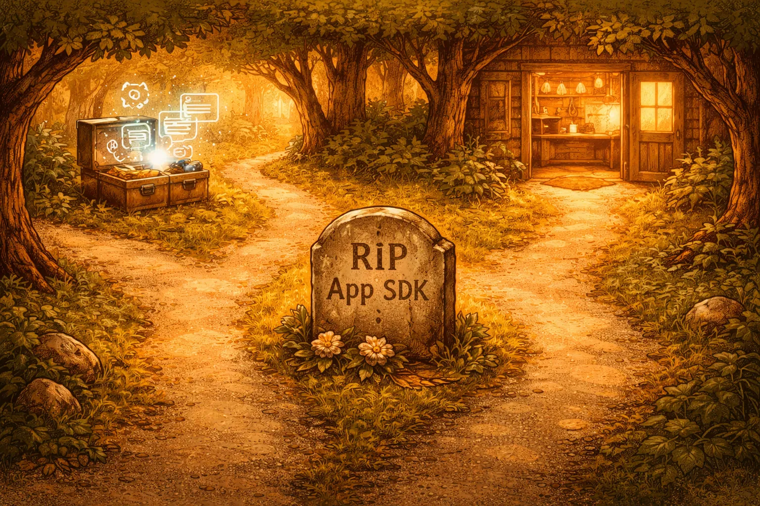 A forked path in a forest with a gravestone reading RIP App SDK at the fork, one path leads to a glowing toolbox with code, the other to a warm workshop